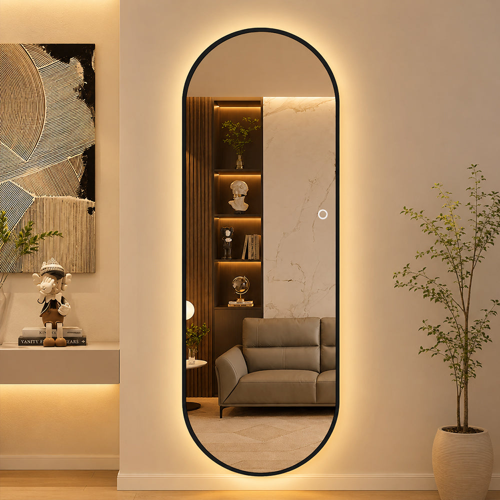 Helkroppsspegel Oval Spegel med LED-ljus 60x170 cm - Svart ram