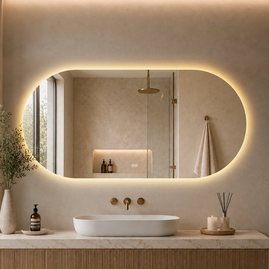 Oval spegel med LED-ljus och värme, 150x80 cm