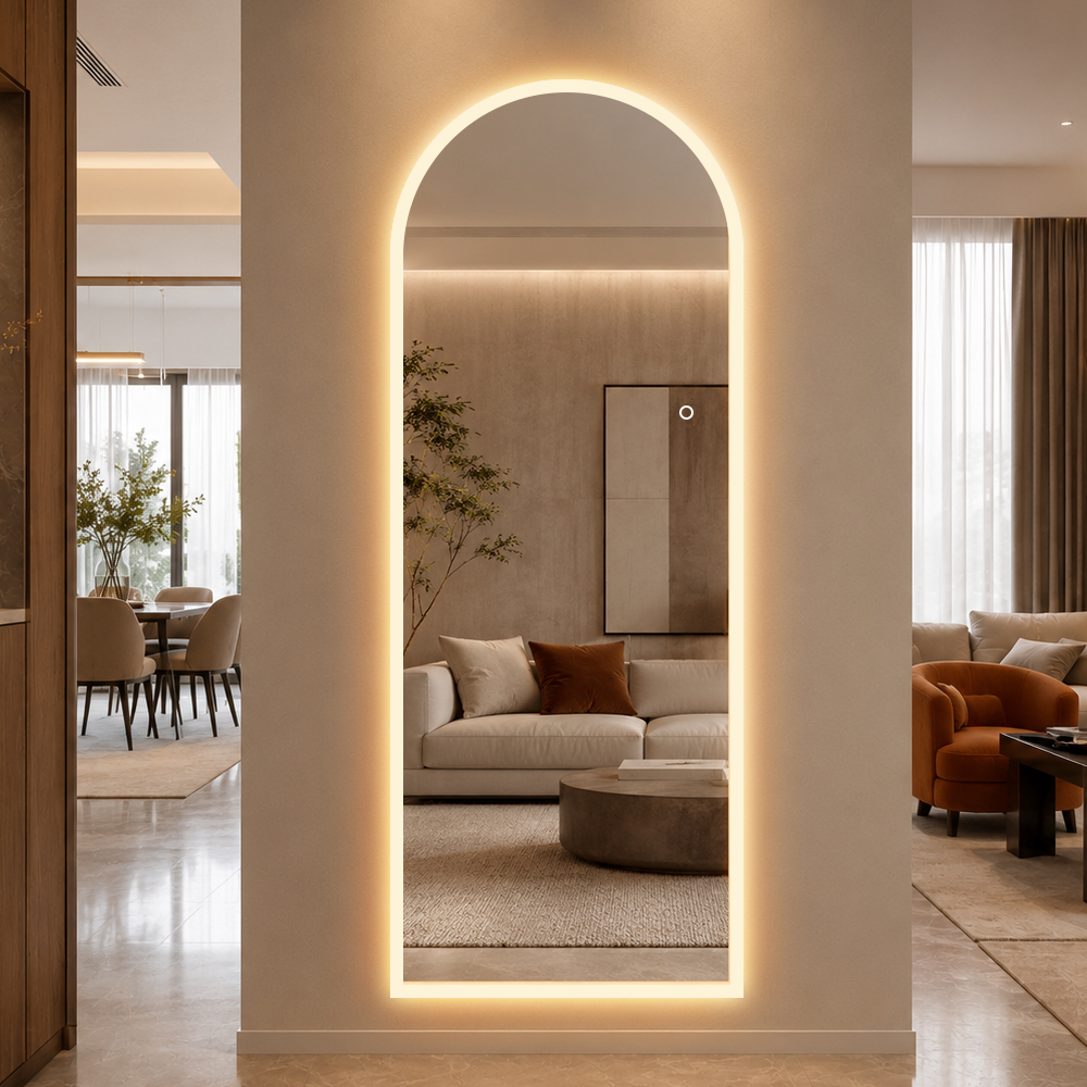Helfigur Spegel med LED-ljus 65x170 cm, välvd topp