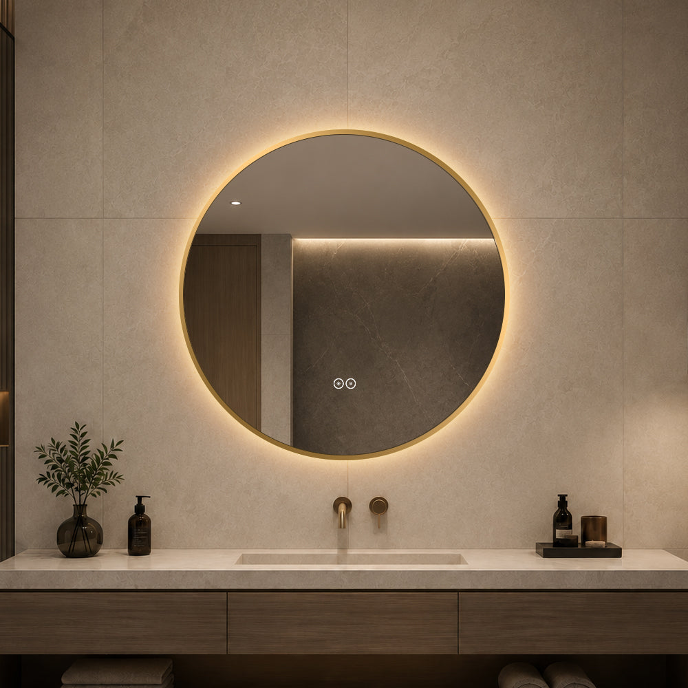 Rund spegel med LED-ljus och värme, Ø70 cm med guld ram