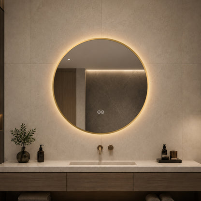 Rund spegel med LED-ljus och värme, Ø70 cm med guld ram