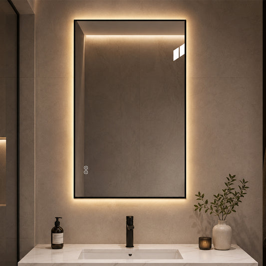 Rektangulär spegel med LED-ljus och värme, 80x120 cm - Svart ram 90º