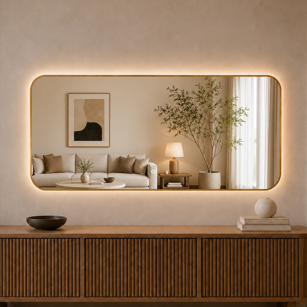 Rektangulär spegel med LED-ljus 180x80 cm - Guld ram