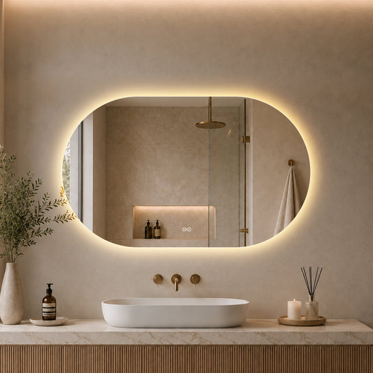 Oval spegel med LED-ljus och värme, 120x80 cm