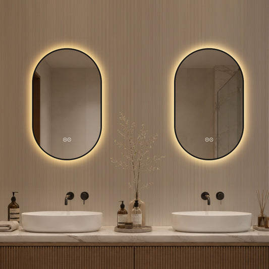 Oval spegel med LED-ljus och värme, 50x80 cm med svart ram