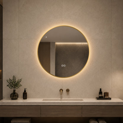 Rund spegel med LED-ljus och värme, Ø60 cm med guld ram