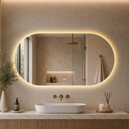 Oval spegel med LED-ljus och värme, 140x80 cm