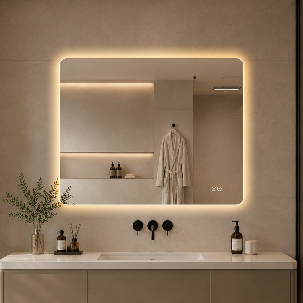 Rektangulär spegel med LED-ljus och värme, 100x80 cm