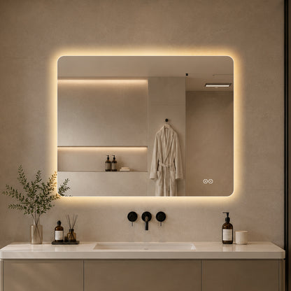 Rektangulär spegel med LED-ljus och värme, 100x80 cm