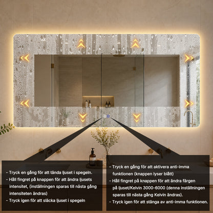 Rektangulär spegel med LED-ljus och värme, 160x80 cm