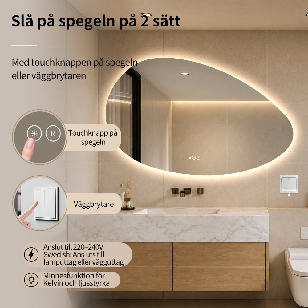 Asymmetrisk spegel med LED-ljus och värme, 120x75 cm (Vänstervänd)