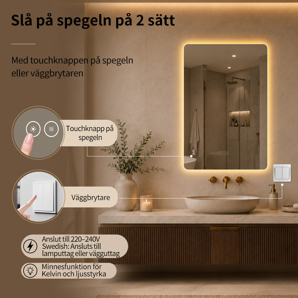 Rektangulär spegel med LED-ljus och värme, 80x120 cm