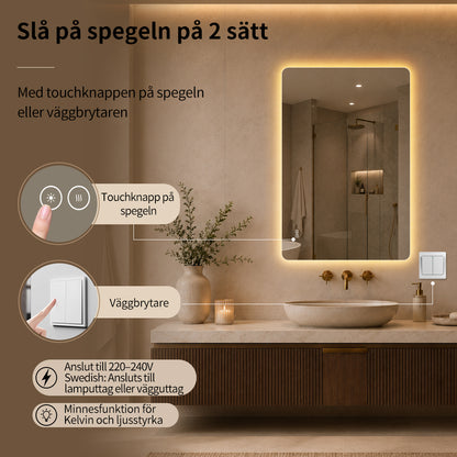 Rektangulär spegel med LED-ljus och värme, 80x120 cm