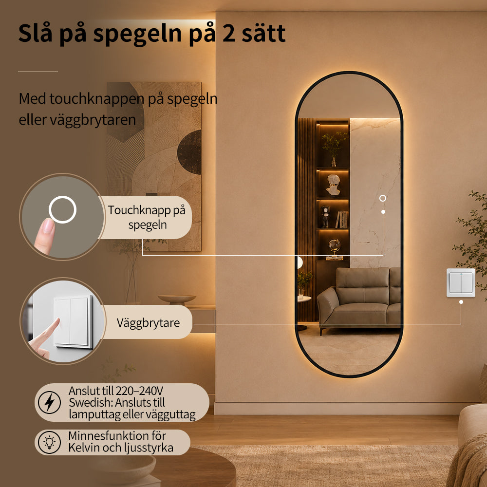 Helkroppsspegel Oval Spegel med LED-ljus 60x170 cm - Svart ram