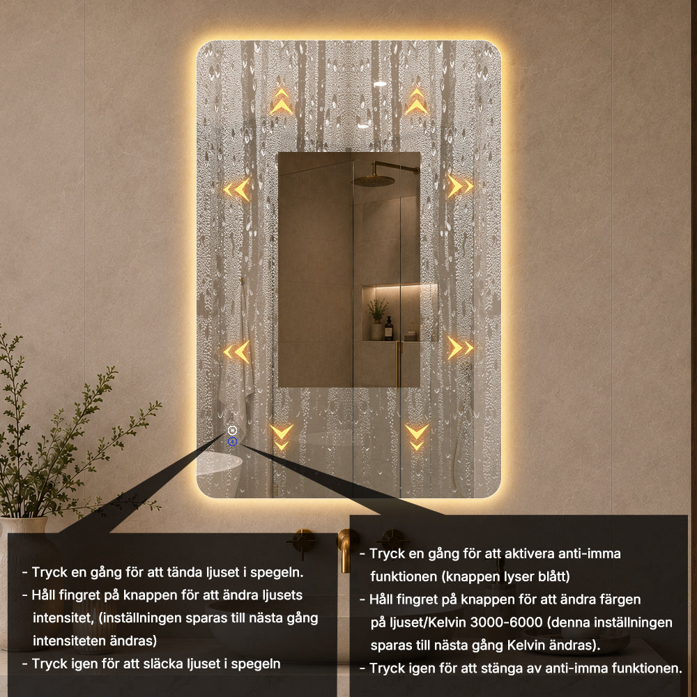 Rektangulär spegel med LED-ljus och värme, 80x120 cm