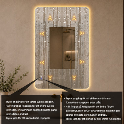 Rektangulär spegel med LED-ljus och värme, 80x120 cm