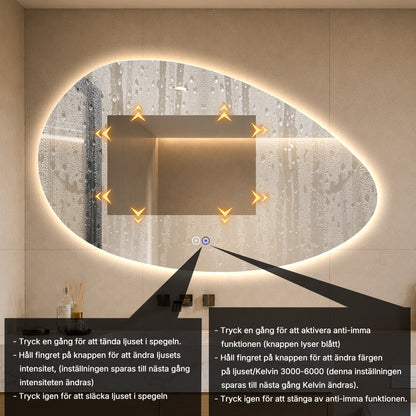 Asymmetrisk spegel med LED-ljus och värme, 120x75 cm (Vänstervänd)