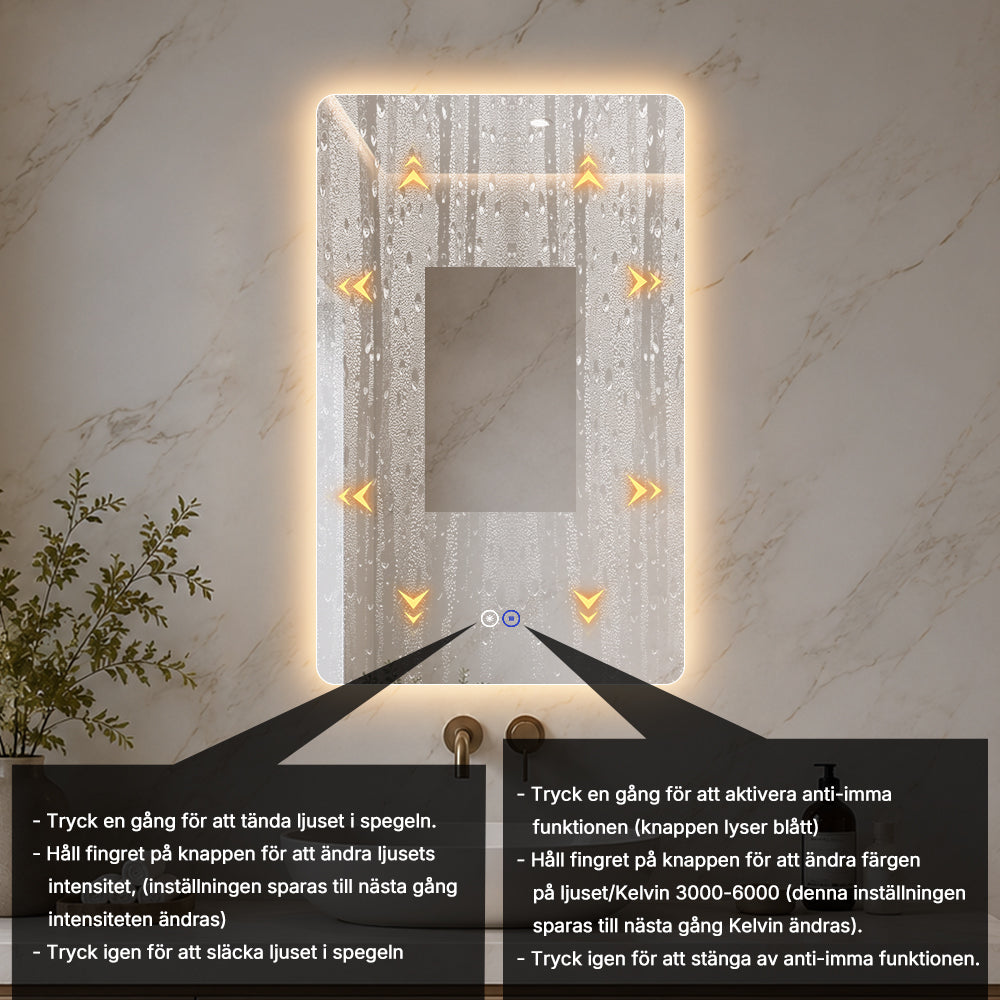 Rektangulär spegel med LED-ljus och värme, 50x80 cm