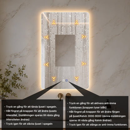 Rektangulär spegel med LED-ljus och värme, 50x80 cm