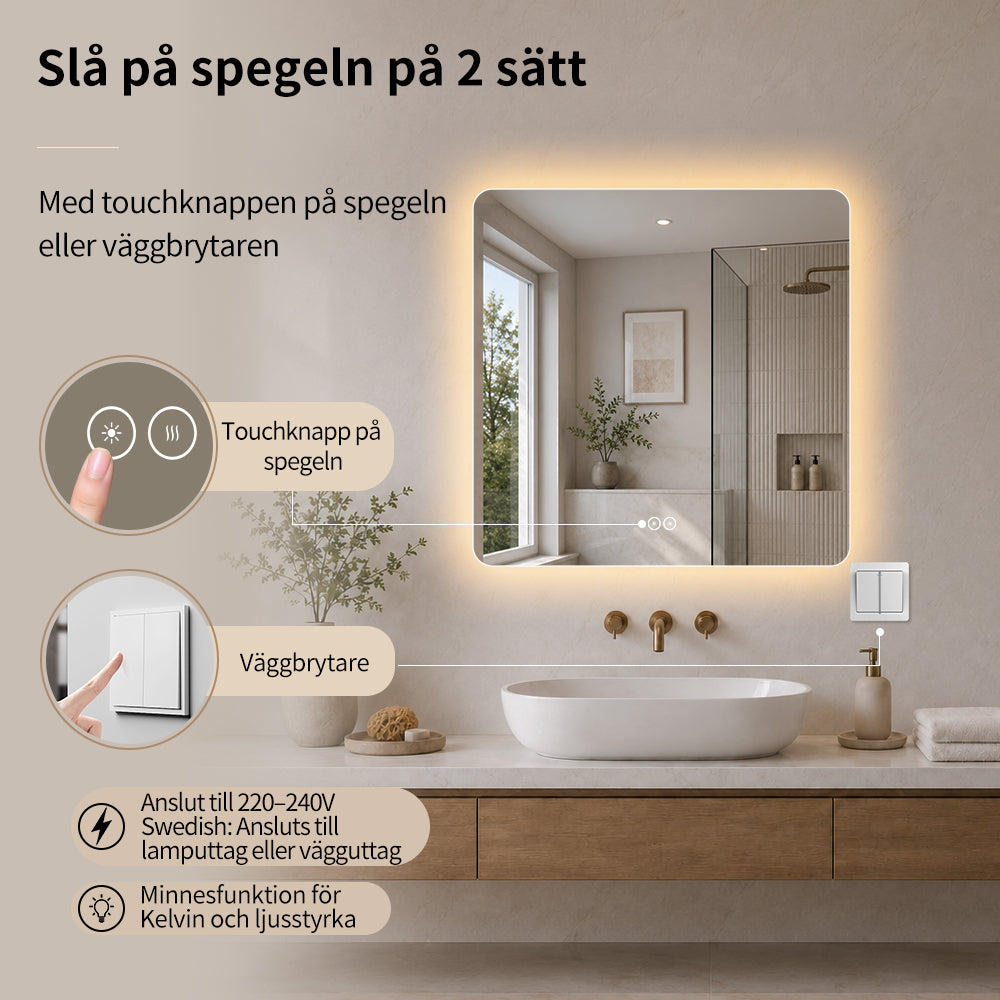 Fyrkantig spegel med LED-ljus och värme, 80x80 cm