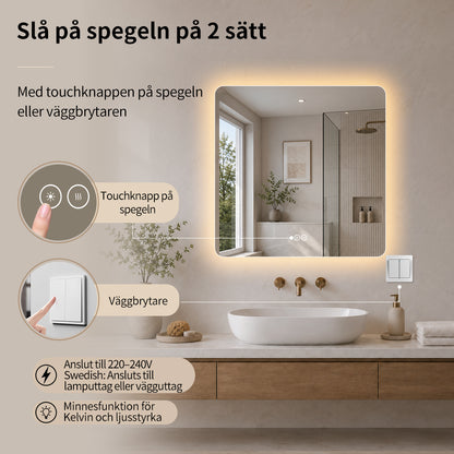Fyrkantig spegel med LED-ljus och värme, 80x80 cm