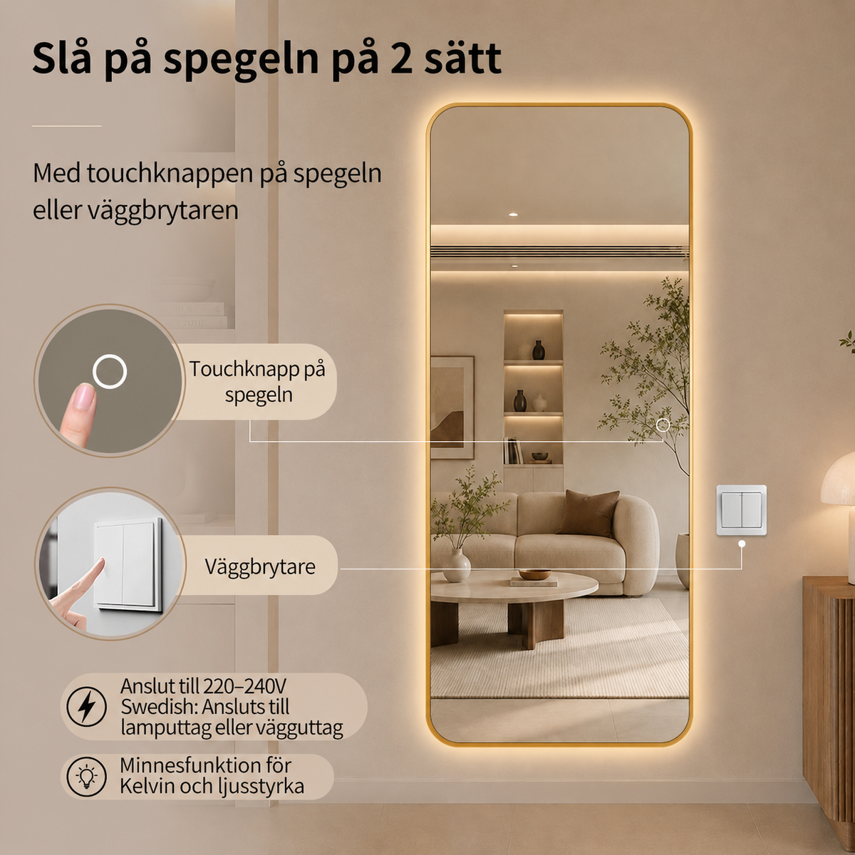 Helkroppsspegel med LED-ljus 80x180 cm - Guld ram