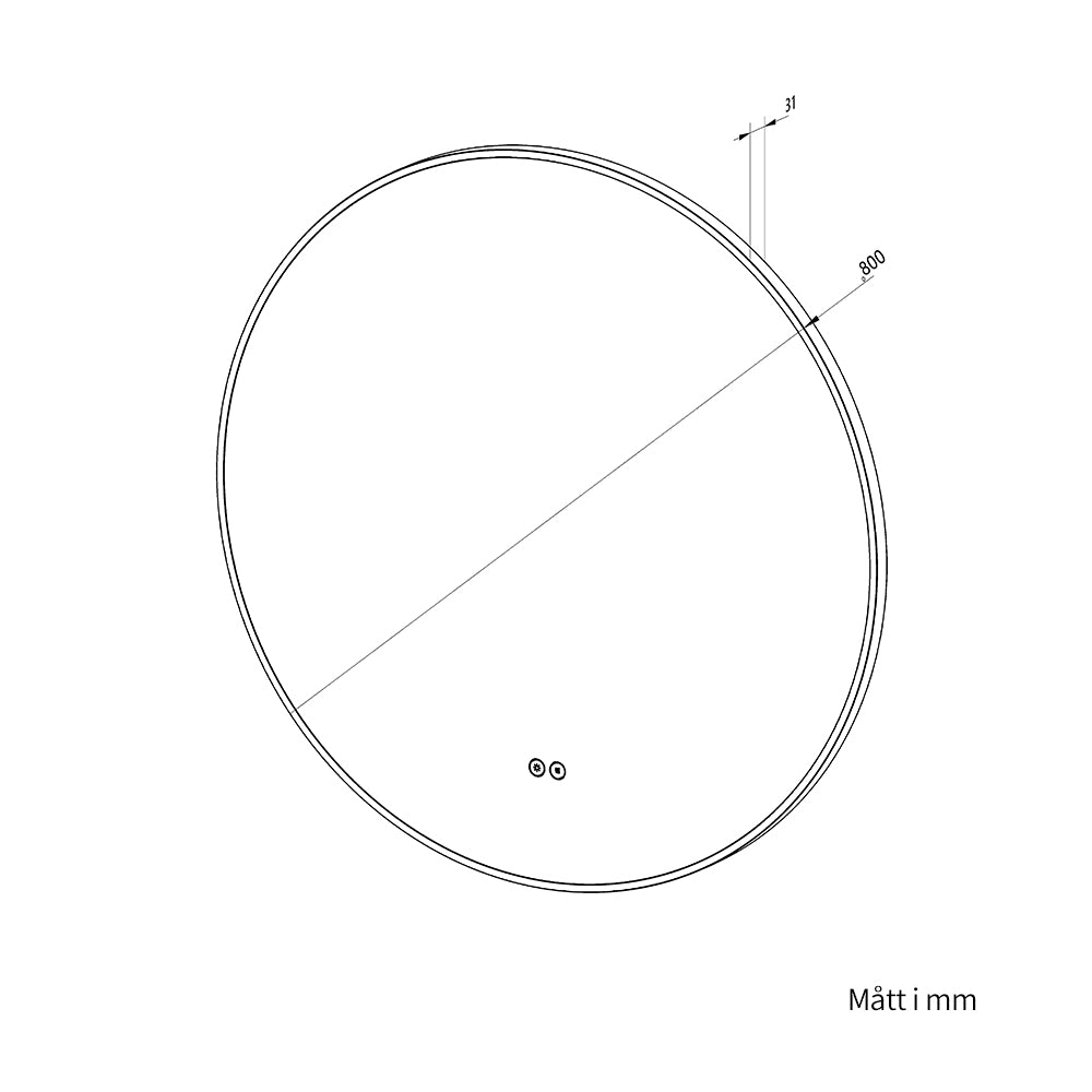 Rund spegel med LED-ljus och värme, Ø80 cm med svart ram