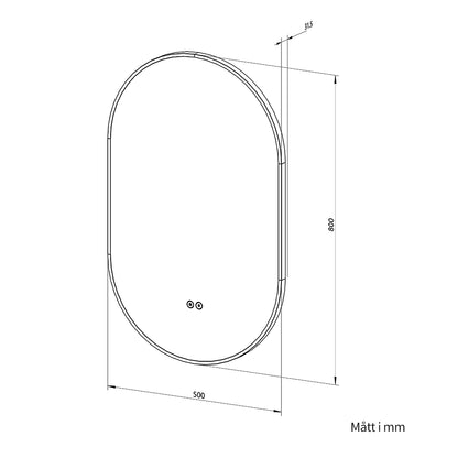 Oval spegel med LED-ljus och värme, 50x80 cm med svart ram