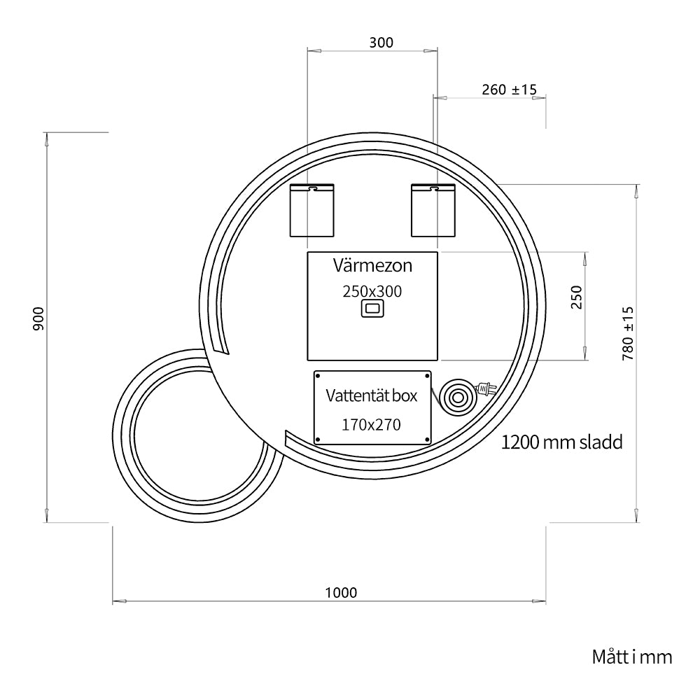Dubbelspegel med LED-ljus och värme, Ø80 + Ø40 cm (Vänstervänd)