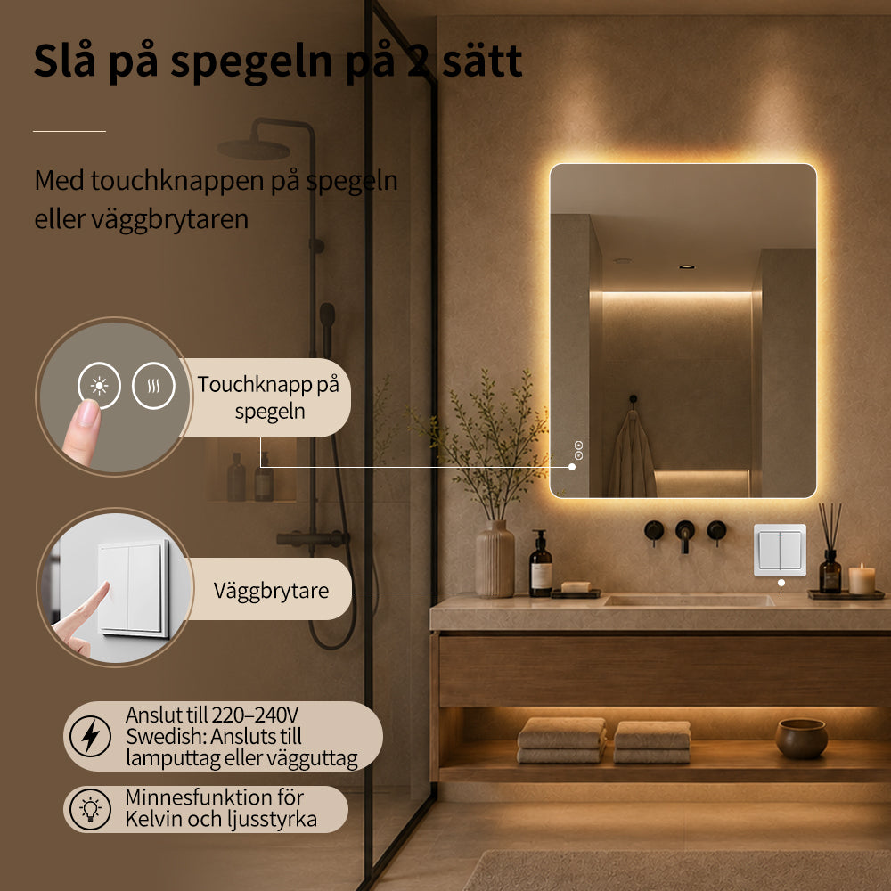 Rektangulär spegel med LED-ljus och värme, 80x100 cm