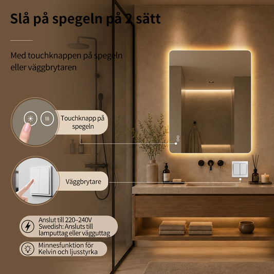 Rektangulär spegel med LED-ljus och värme, 80x100 cm