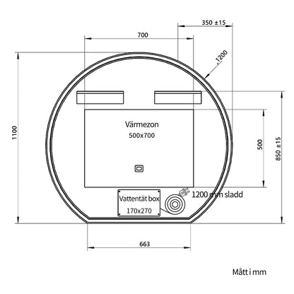 Rund spegel med LED-ljus och värme, Ø120 cm - Skuren