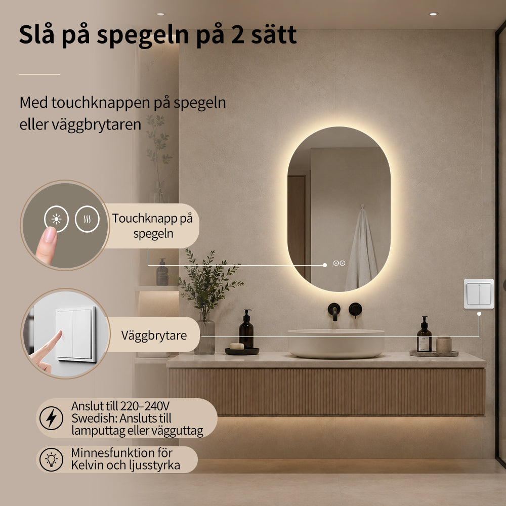 Oval spegel med LED-ljus och värme, 50x80 cm