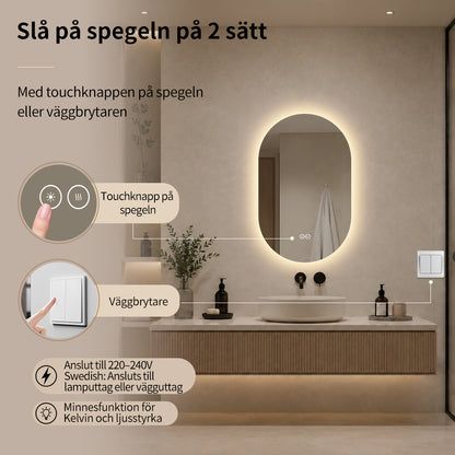 Oval spegel med LED-ljus och värme, 50x80 cm
