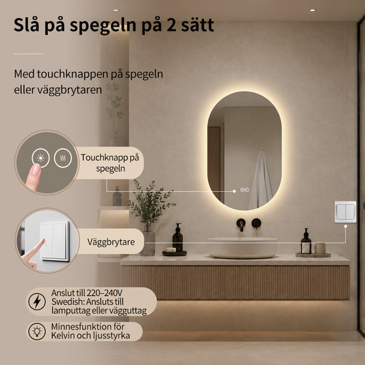 Oval spegel med LED-ljus och värme, 50x80 cm