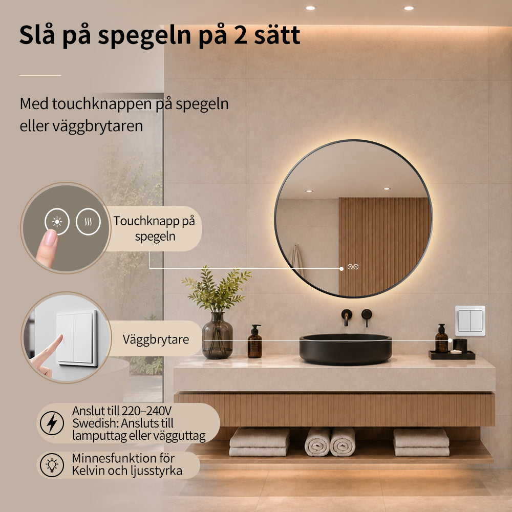 Rund spegel med LED-ljus och värme, Ø70 cm med svart ram