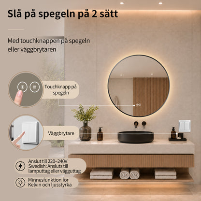 Rund spegel med LED-ljus och värme, Ø70 cm med svart ram