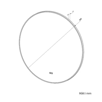 Rund spegel med LED-ljus och värme, Ø90 cm med svart ram