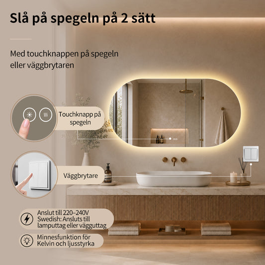 Oval spegel med LED-ljus och värme, 140x80 cm