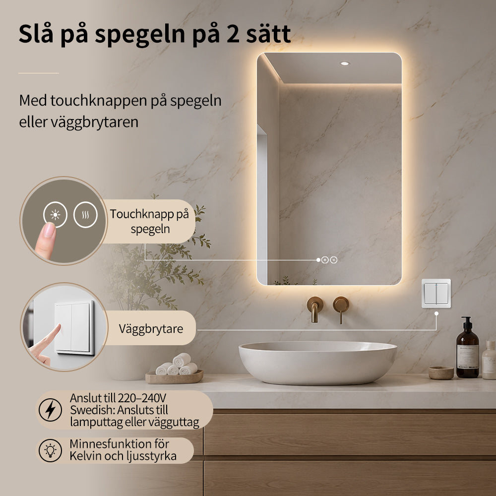 Rektangulär spegel med LED-ljus och värme, 50x80 cm