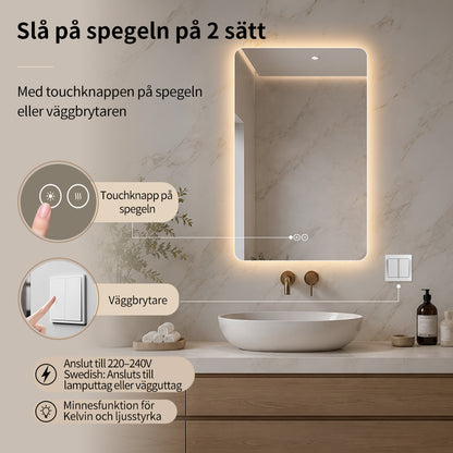 Rektangulär spegel med LED-ljus och värme, 50x80 cm