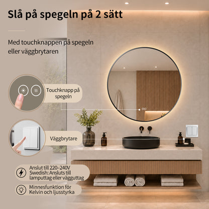Rund spegel med LED-ljus och värme, Ø80 cm med svart ram