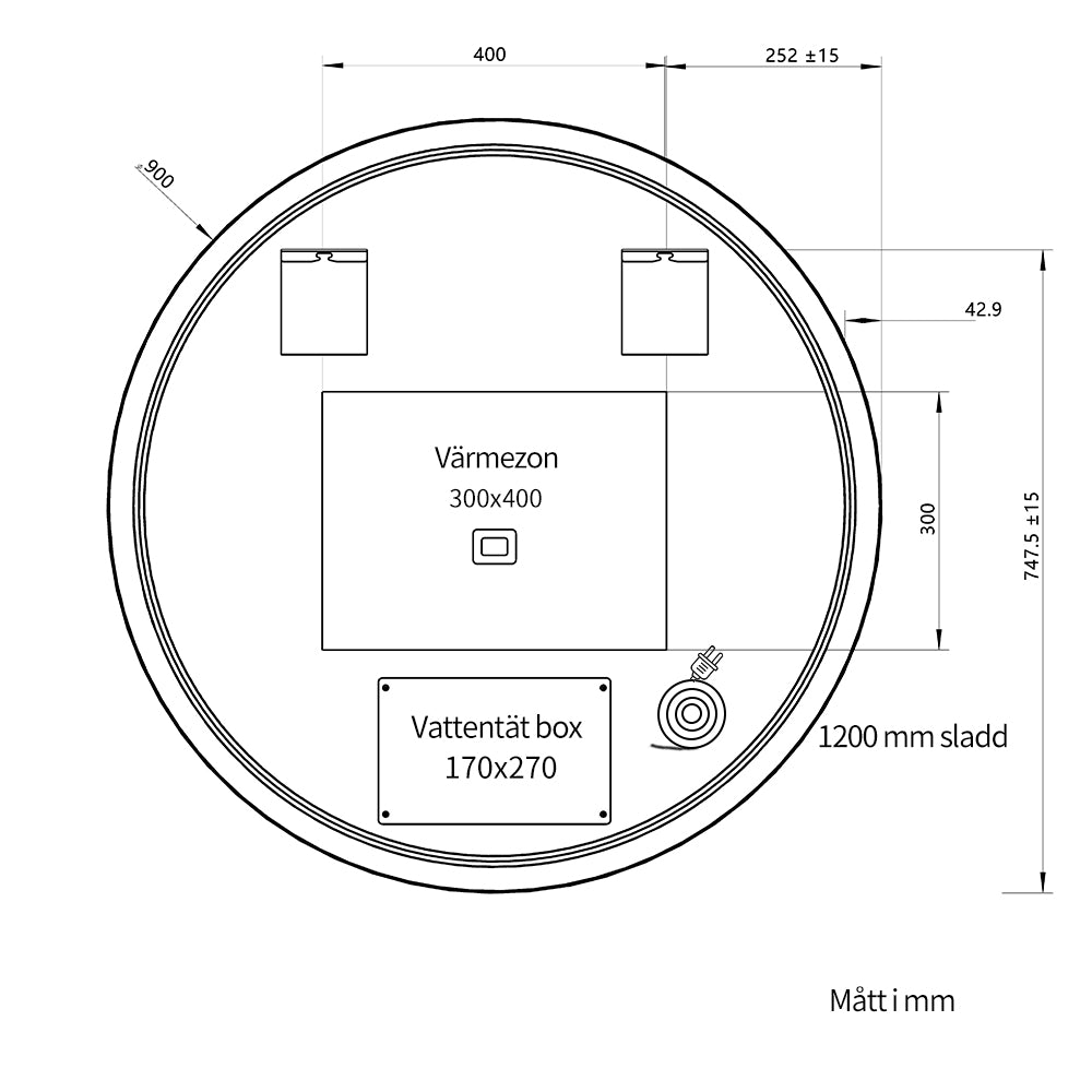 Rund spegel med LED-ljus och värme, Ø90 cm med svart ram