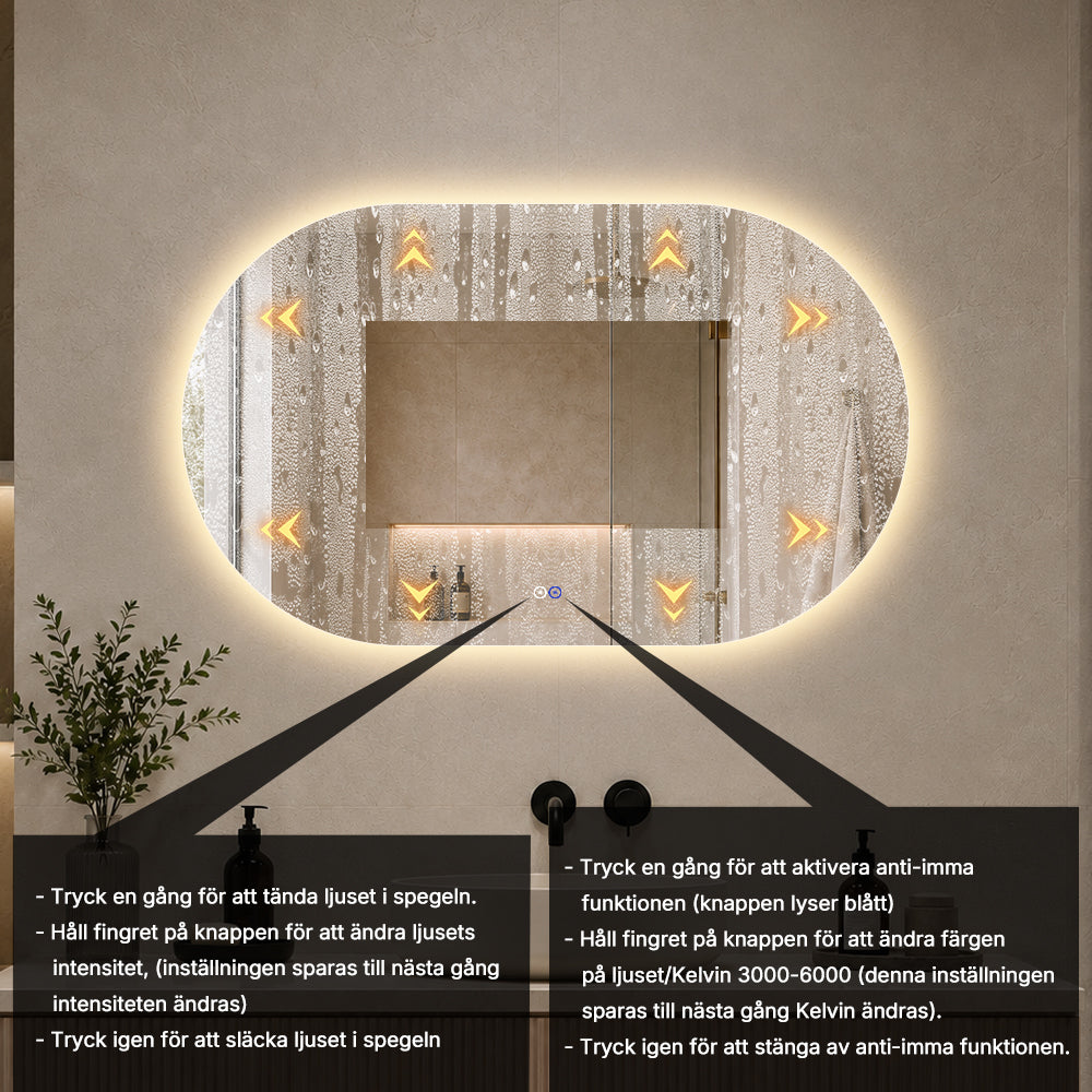 Oval spegel med LED-ljus och värme, 120x80 cm