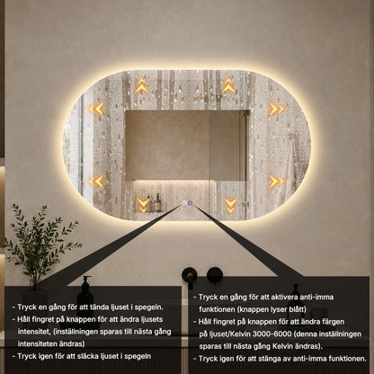 Oval spegel med LED-ljus och värme, 120x80 cm