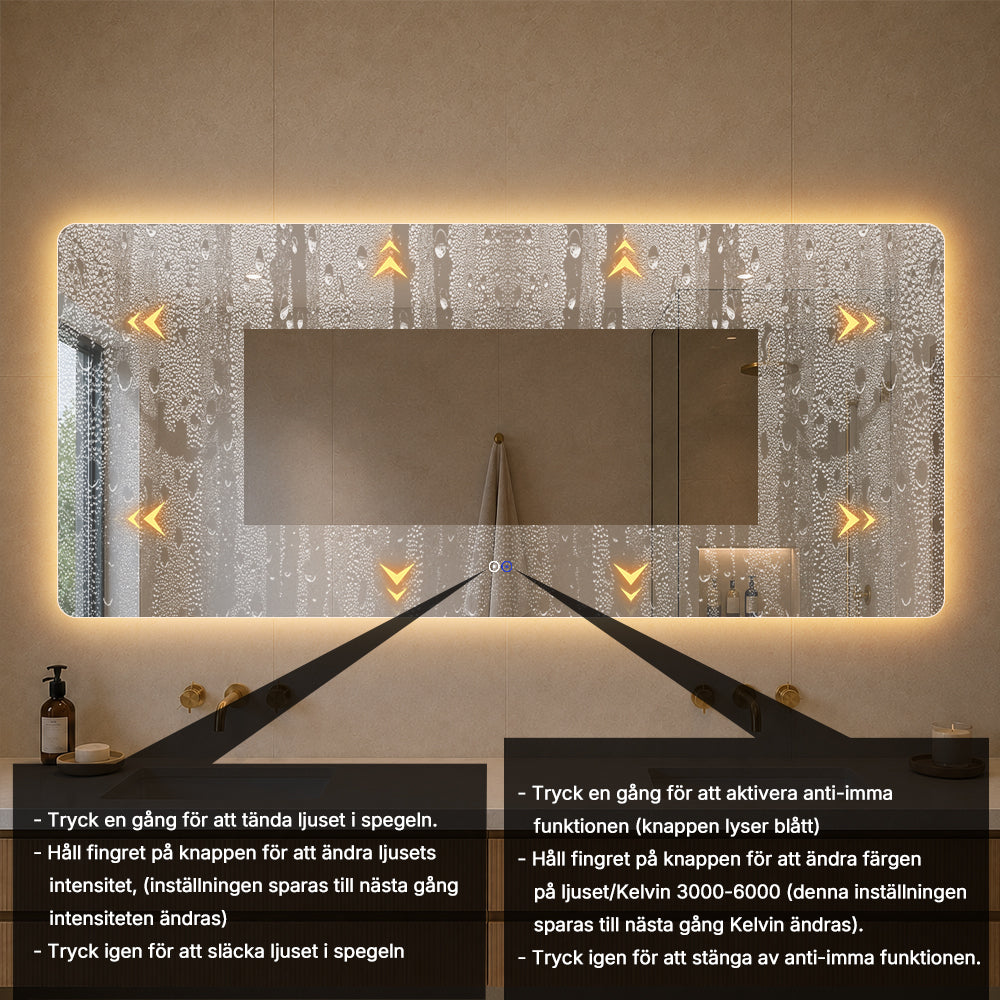 Rektangulär spegel med LED-ljus och värme 180x80 cm
