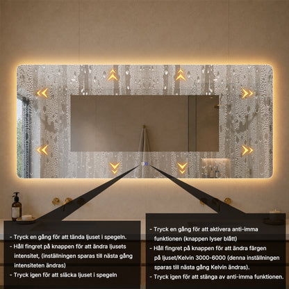 Rektangulär spegel med LED-ljus och värme 180x80 cm