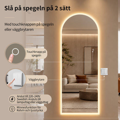 Helfigur Spegel med LED-ljus 65x170 cm, välvd topp