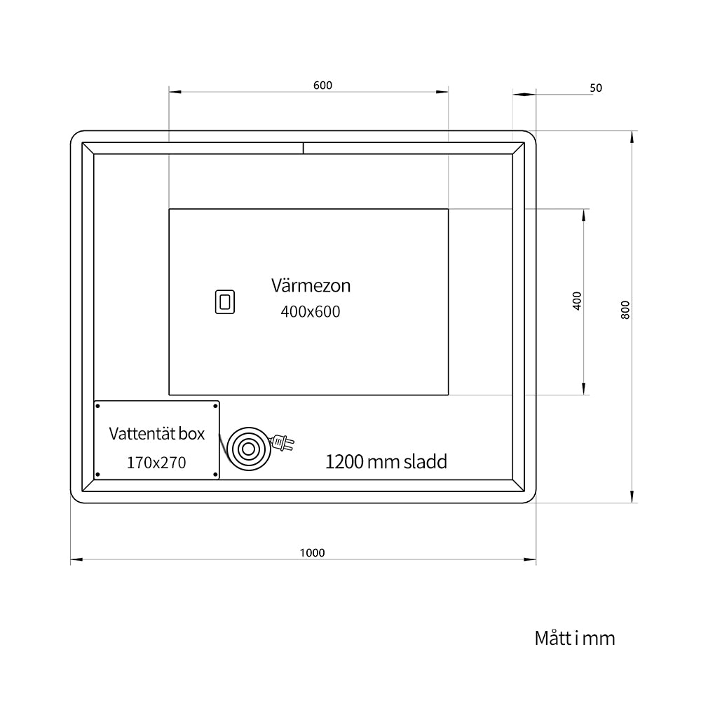 Rektangulär spegel med LED-ljus och värme, 100x80 cm