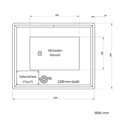 Rektangulär spegel med LED-ljus och värme, 100x80 cm